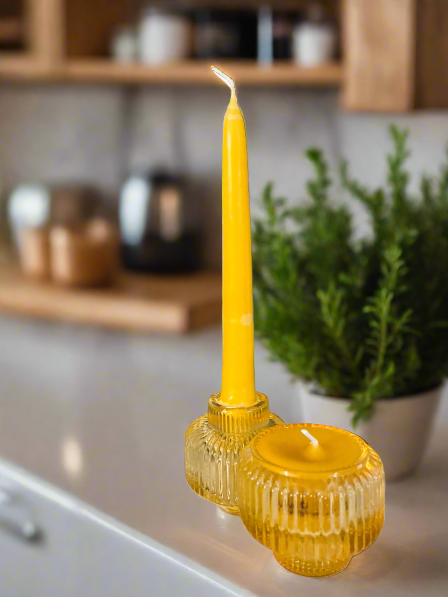 Sleek Glass Candle Holder (Set of 2) 2 Beeswax taper candles included