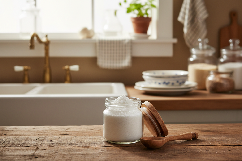 dishwasher powder, in a kitchen make it vintage. a small 4 oz jar with powder in it. make it a wooden lid with a wood spoon