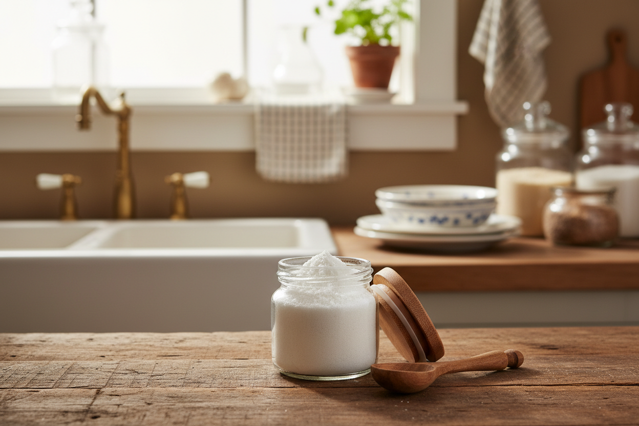 dishwasher powder, in a kitchen make it vintage. a small 4 oz jar with powder in it. make it a wooden lid with a wood spoon