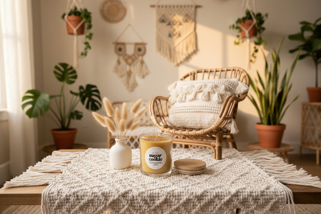 Hand-poured beeswax candle in a reusable jar with a cozy, seasonal scent of sugar cookie, perfect for creating a relaxing, eco-friendly atmosphere
