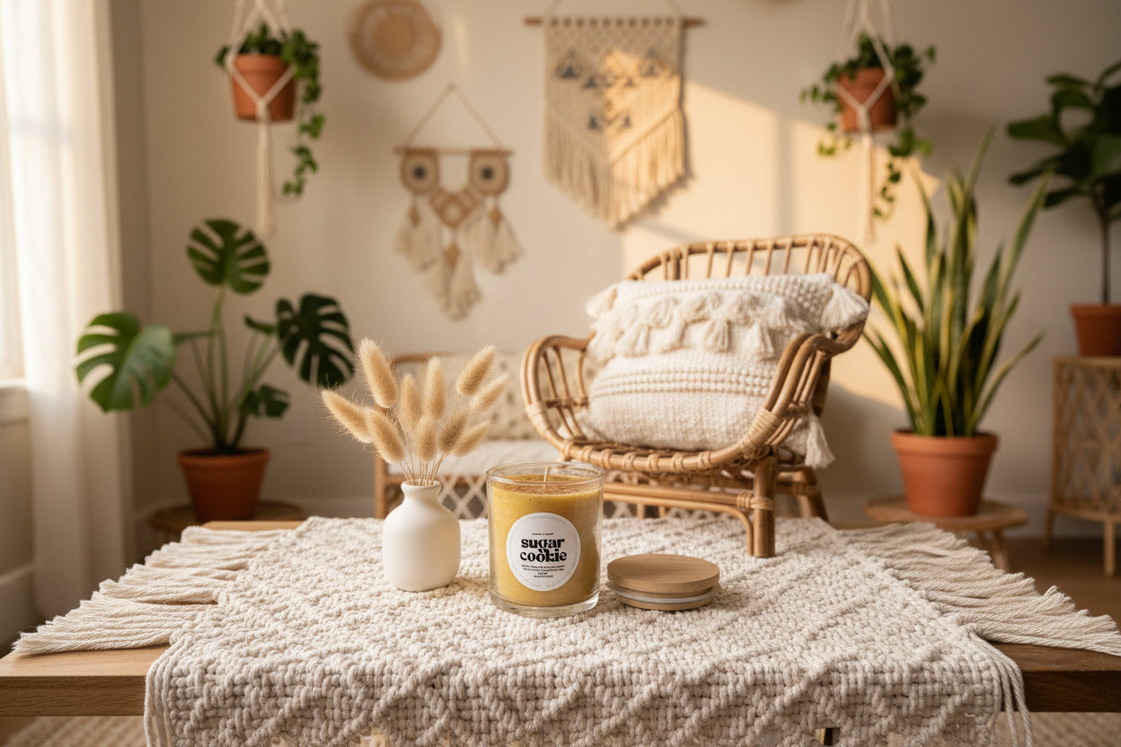 Hand-poured beeswax candle in a reusable jar with a cozy, seasonal scent of sugar cookie, perfect for creating a relaxing, eco-friendly atmosphere